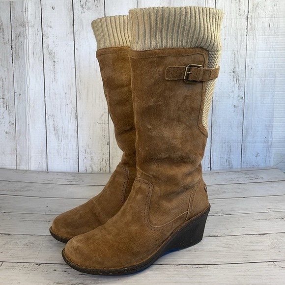 UGG Skyfall Chestnut Sweater Suede/Knit Cuff Tall Wedge Boots - Picture 2 of 14
